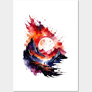 Fiery Abstract Watercolor Fantasy Landscape Posters and Art